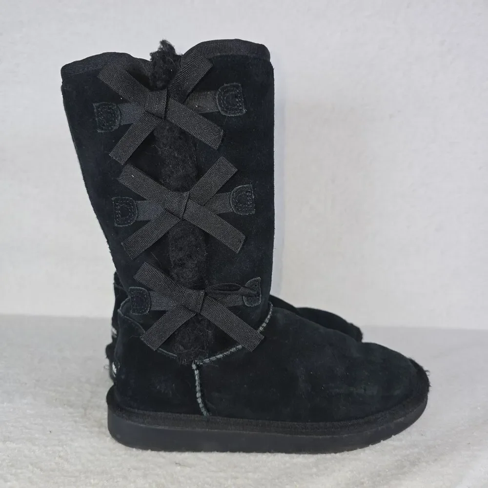 Koolaburra By Ugg Victoria Girls Size 3 Black Suede Fur Lined With Bows #1090330